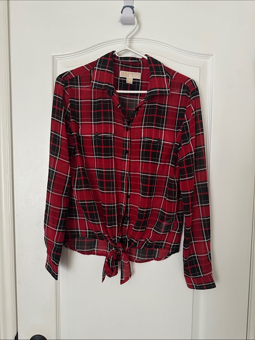 Michael Kors Red & Black Plaid Tie-Front Button Down Shirt
